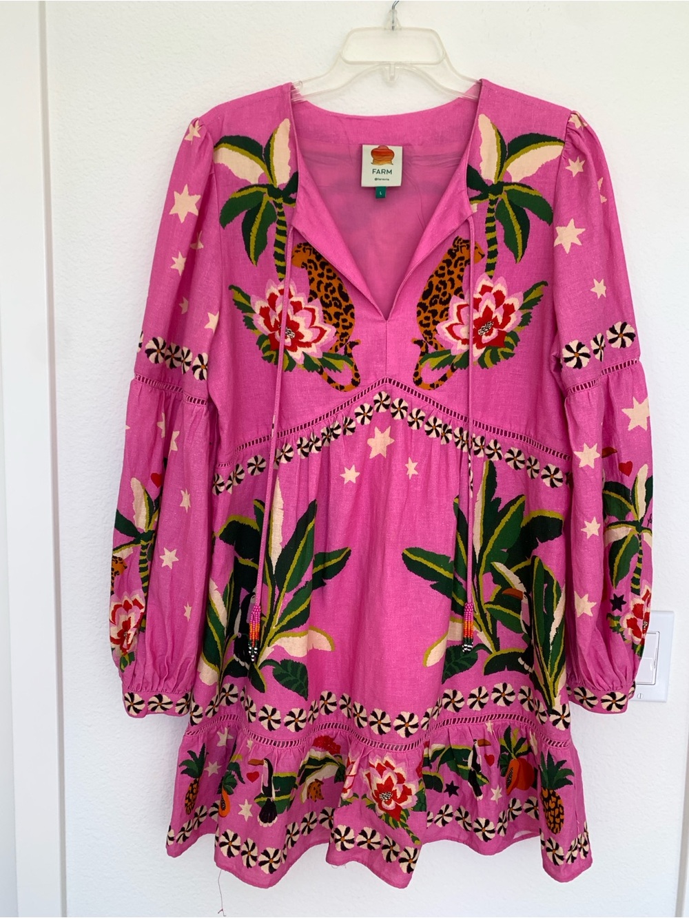 FARM Rio Pink Tropical Embroidered Peasant Dress